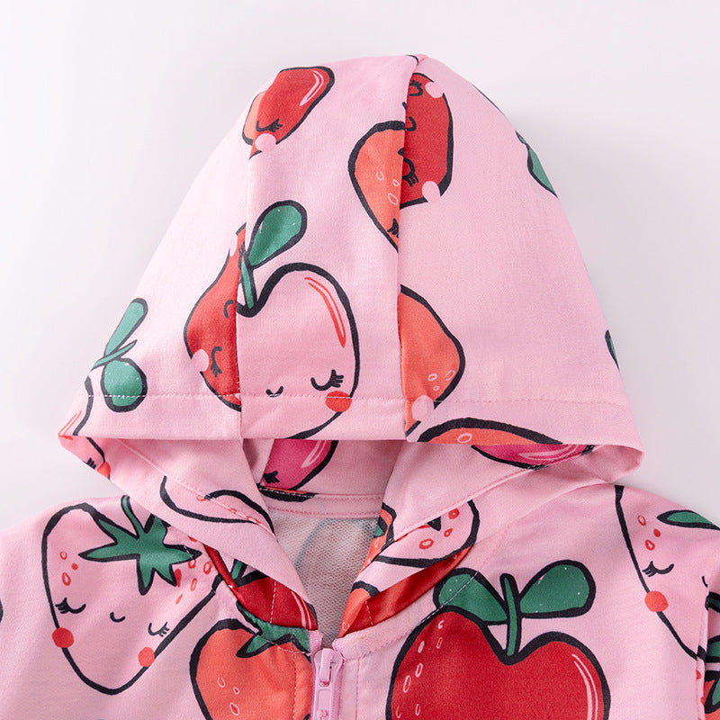 Spring and Autumn Girls Fruits Cartoon Pattern Long Sleeves Zip-up