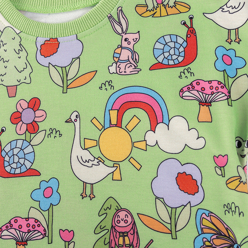 Spring and Autumn Girls Cartoon Animals and Flowers Pattern Long