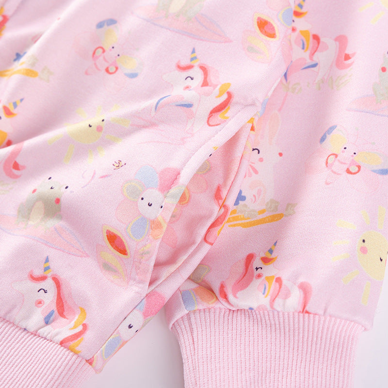 Spring and Autumn Girls Unicorn and Flowers Cartoon Pattern Long