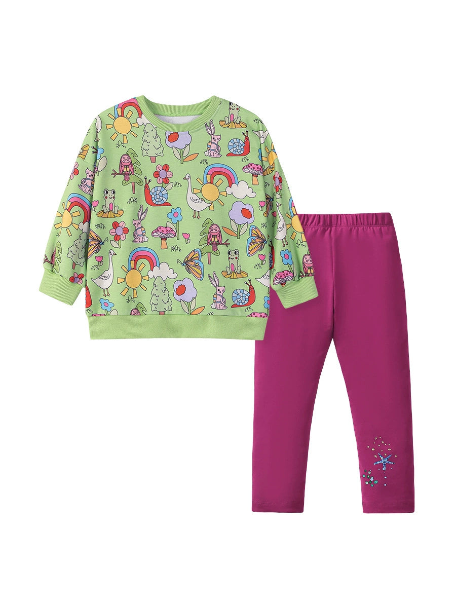 Spring and Autumn Girls Cartoon Animals and Flowers Pattern Long