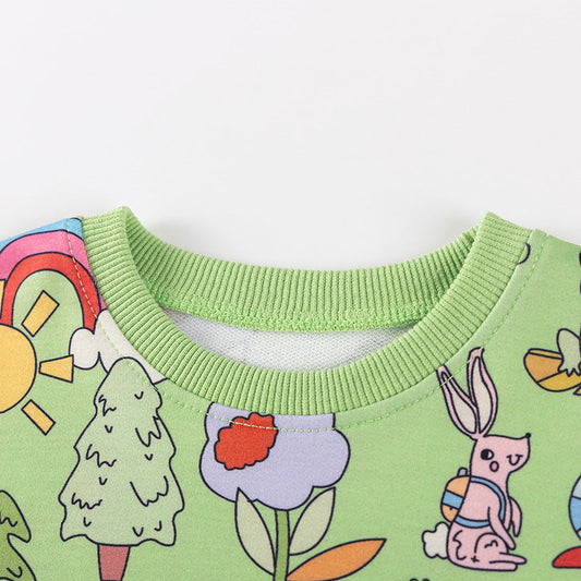 Spring and Autumn Girls Cartoon Animals and Flowers Pattern Long